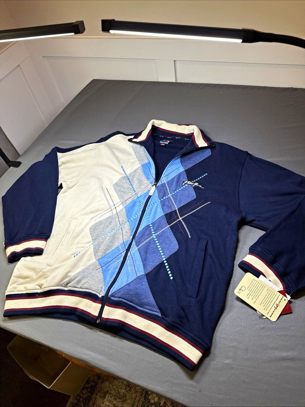 Phat Farm Full Zip Mock Neck Fleece Sweatshirt Men’s Size L Navy Argyle